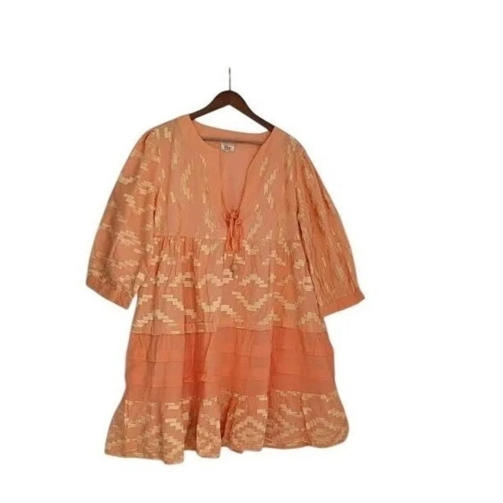 NWT RHEA Peach Gold Metallic Ikat Boho Tiered 100% Cotton Mini Dress L XL V-Neck - Picture 2 of 14
